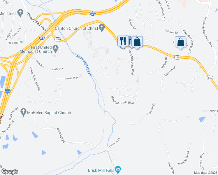 map of restaurants, bars, coffee shops, grocery stores, and more near 176 Mountain Vista Boulevard in Canton