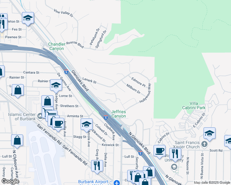 map of restaurants, bars, coffee shops, grocery stores, and more near 8030 North Cabernet Court in Los Angeles