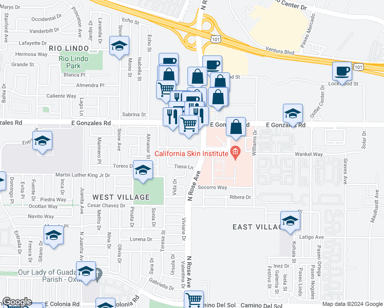 map of restaurants, bars, coffee shops, grocery stores, and more near 1724 Urbana Lane in Oxnard