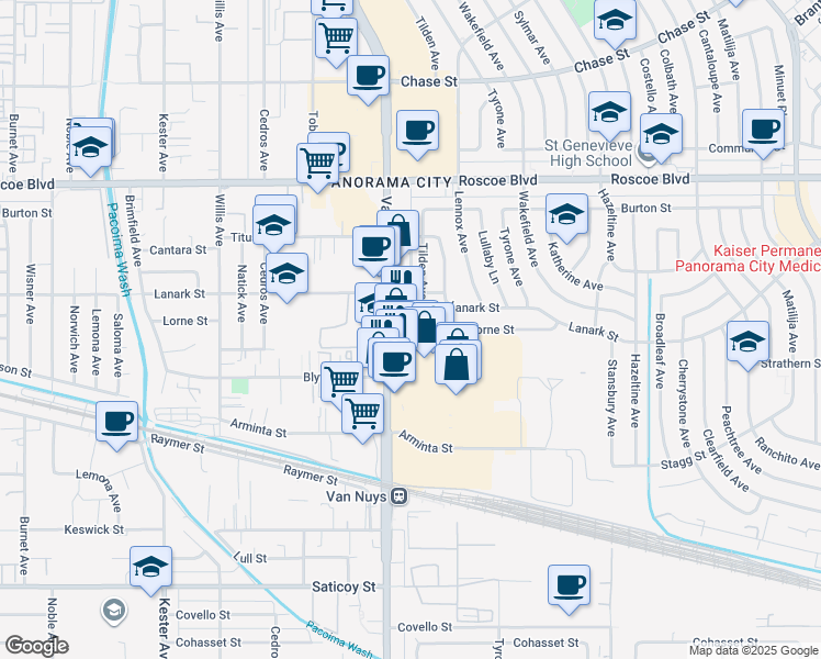 map of restaurants, bars, coffee shops, grocery stores, and more near 14362 Lorne Street in Los Angeles