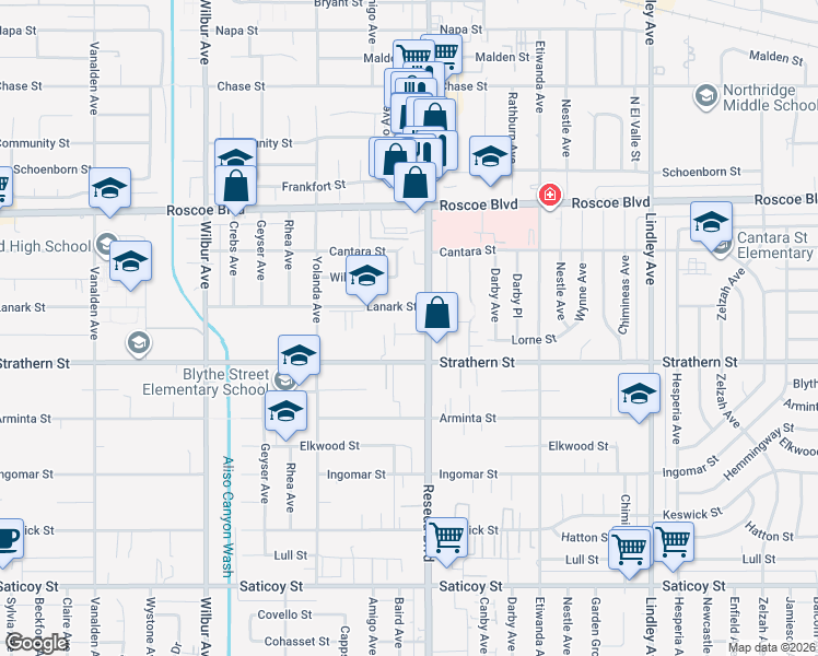 map of restaurants, bars, coffee shops, grocery stores, and more near 18539 Strathern Street in Los Angeles