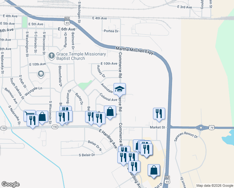 map of restaurants, bars, coffee shops, grocery stores, and more near 2813 Colonial Avenue in Pine Bluff