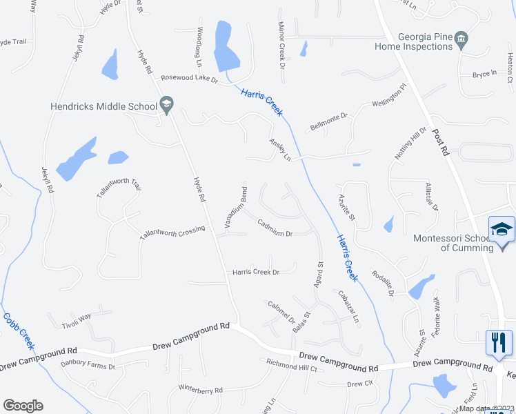 map of restaurants, bars, coffee shops, grocery stores, and more near 4425 Colchester Creek Drive in Cumming
