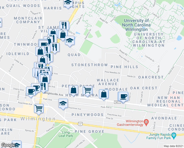 map of restaurants, bars, coffee shops, grocery stores, and more near 905 Dolphin Court in Wilmington