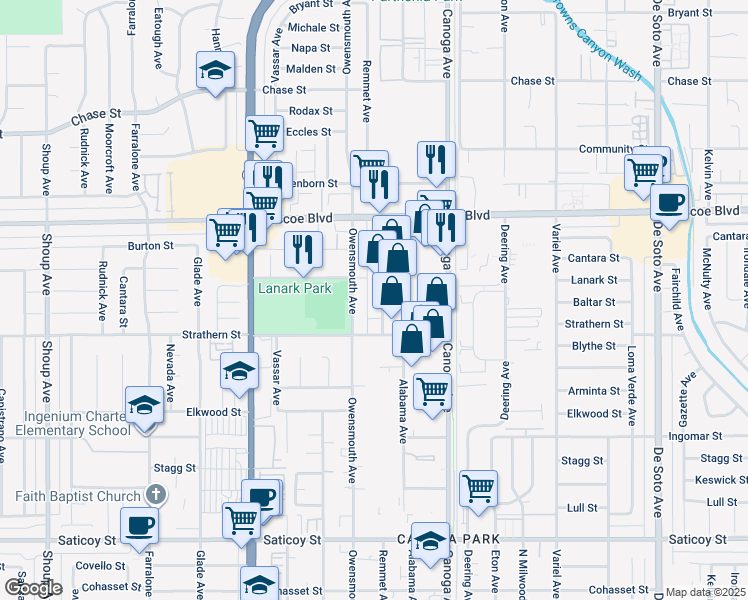 map of restaurants, bars, coffee shops, grocery stores, and more near 8033 Remmet Avenue in Los Angeles