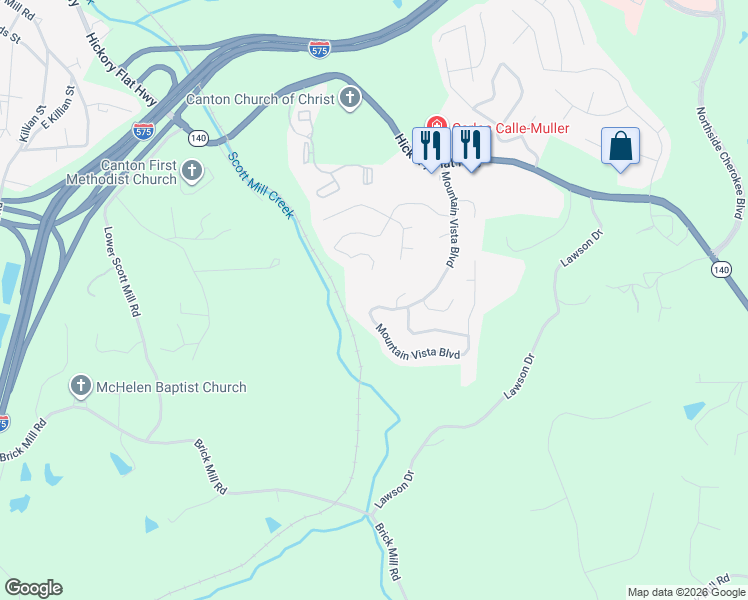 map of restaurants, bars, coffee shops, grocery stores, and more near 176 Mountain Vista Boulevard in Canton