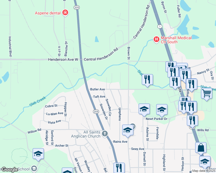 map of restaurants, bars, coffee shops, grocery stores, and more near 402 Butler Avenue in Boaz