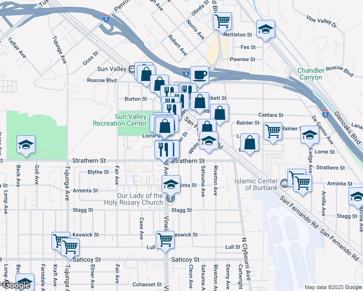 map of restaurants, bars, coffee shops, grocery stores, and more near 10960 Ratner Street in Los Angeles
