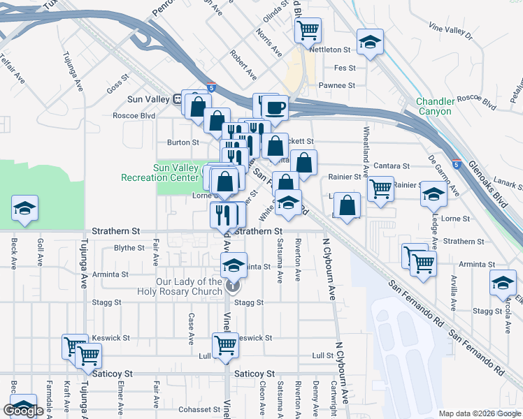 map of restaurants, bars, coffee shops, grocery stores, and more near 10845 White Street in Los Angeles