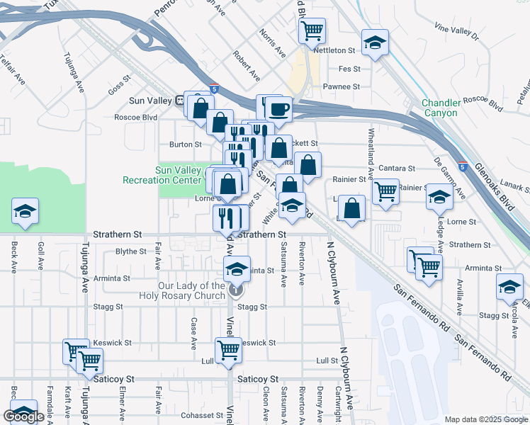 map of restaurants, bars, coffee shops, grocery stores, and more near 10845 White Street in Los Angeles