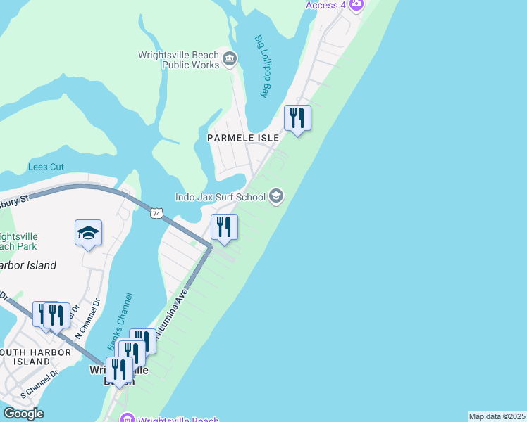 map of restaurants, bars, coffee shops, grocery stores, and more near 12 Crane Street in Wrightsville Beach