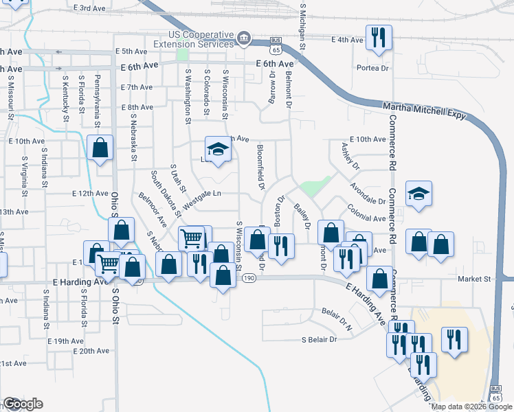 map of restaurants, bars, coffee shops, grocery stores, and more near 1405 Brentwood Drive in Pine Bluff