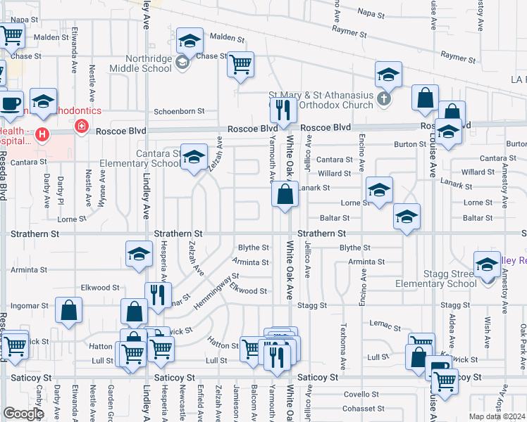 map of restaurants, bars, coffee shops, grocery stores, and more near 17734 Baltar Street in Los Angeles