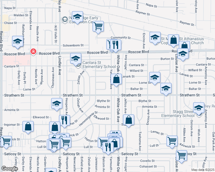 map of restaurants, bars, coffee shops, grocery stores, and more near 17734 Baltar Street in Los Angeles
