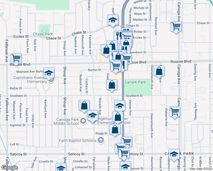 map of restaurants, bars, coffee shops, grocery stores, and more near 8101 Glade Avenue in Los Angeles