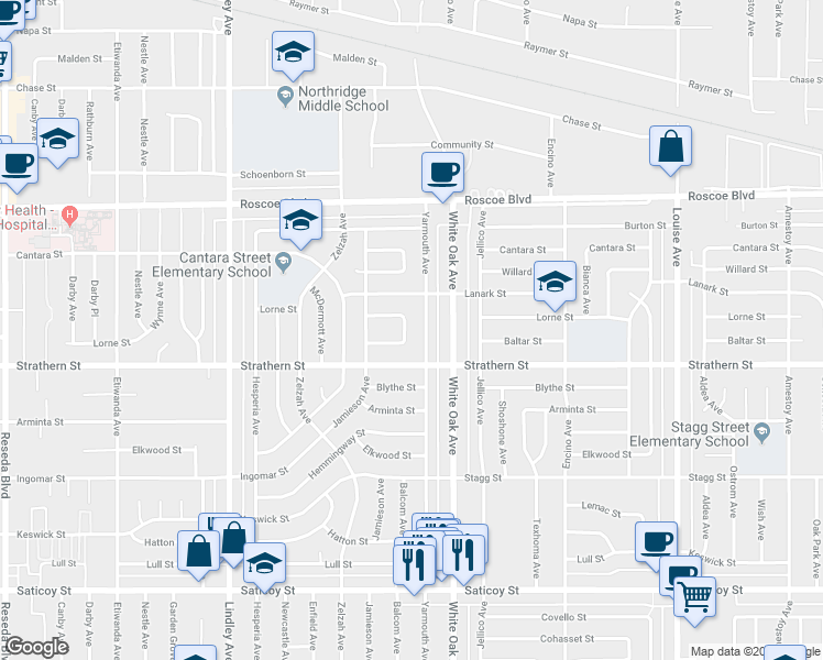 map of restaurants, bars, coffee shops, grocery stores, and more near 17801 Baltar Street in Los Angeles