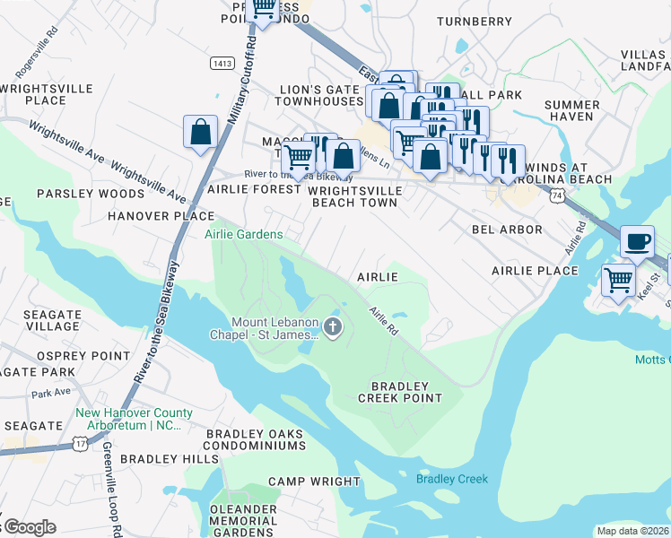 map of restaurants, bars, coffee shops, grocery stores, and more near 603 Airlie Road in Wilmington