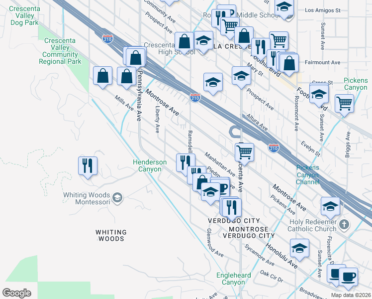map of restaurants, bars, coffee shops, grocery stores, and more near 3002 Manhattan Avenue in Glendale