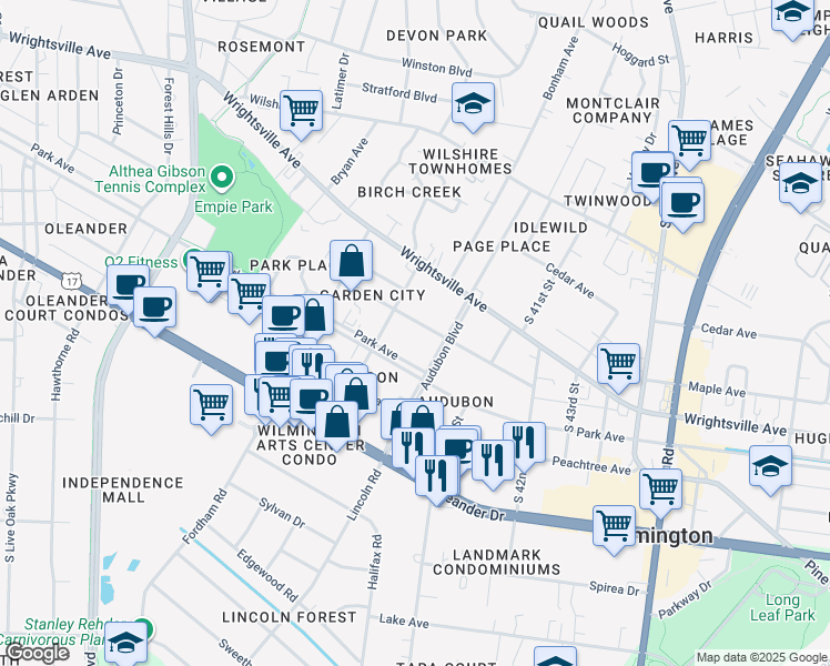 map of restaurants, bars, coffee shops, grocery stores, and more near 3914 Cherry Avenue in Wilmington