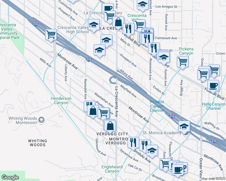 map of restaurants, bars, coffee shops, grocery stores, and more near 2809 Montrose Avenue in Glendale