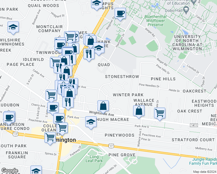 map of restaurants, bars, coffee shops, grocery stores, and more near 4910 Pompano Court in Wilmington