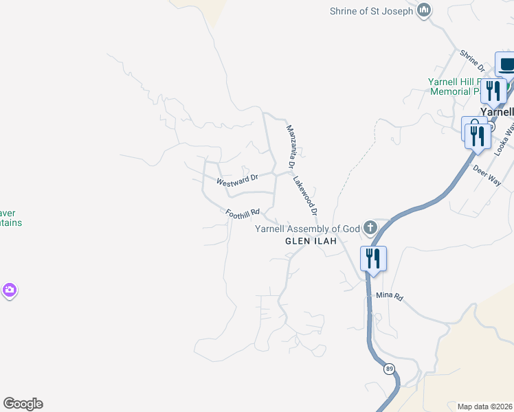 map of restaurants, bars, coffee shops, grocery stores, and more near 17517 Foothill Road in Yarnell