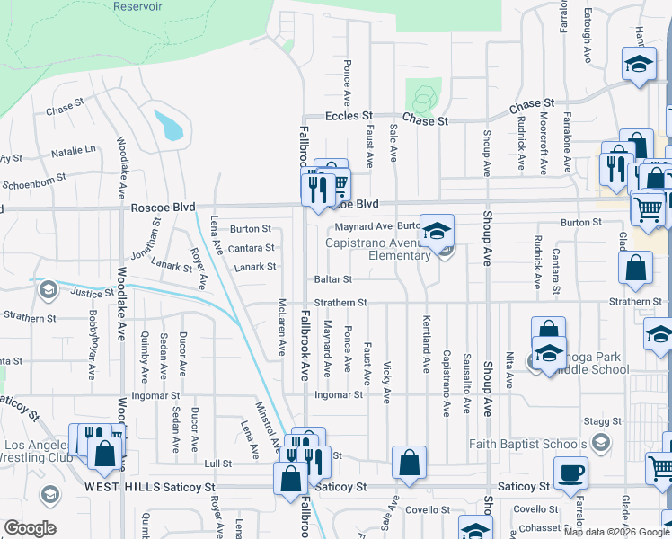 map of restaurants, bars, coffee shops, grocery stores, and more near 8110 Maynard Avenue in Los Angeles