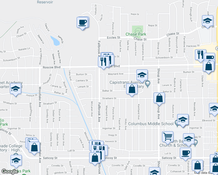 map of restaurants, bars, coffee shops, grocery stores, and more near 8110 Maynard Avenue in Los Angeles