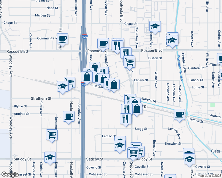 map of restaurants, bars, coffee shops, grocery stores, and more near 17112 Lanark Street in Los Angeles