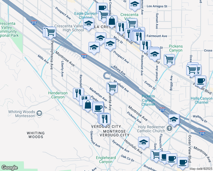 map of restaurants, bars, coffee shops, grocery stores, and more near 2809 Montrose Avenue in Glendale