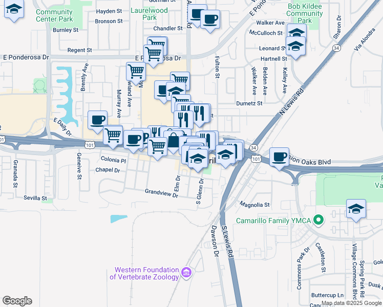 map of restaurants, bars, coffee shops, grocery stores, and more near 2315 Ventura Boulevard in Camarillo