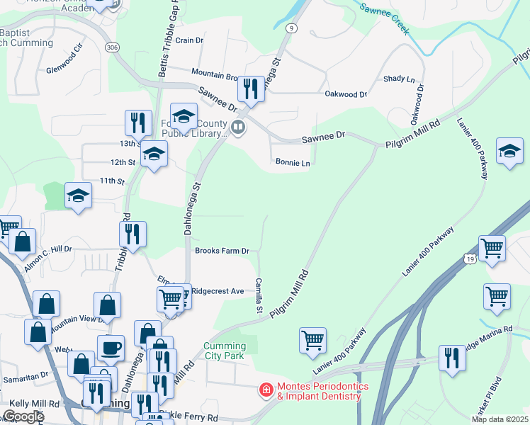 map of restaurants, bars, coffee shops, grocery stores, and more near 504 Otwell Avenue in Cumming