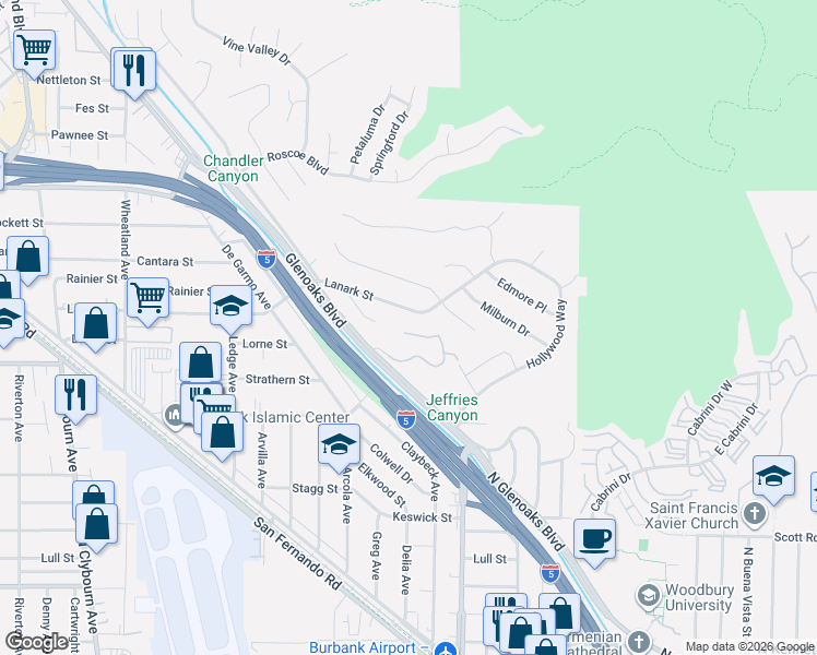 map of restaurants, bars, coffee shops, grocery stores, and more near 10057 West Chardonnay Court in Los Angeles