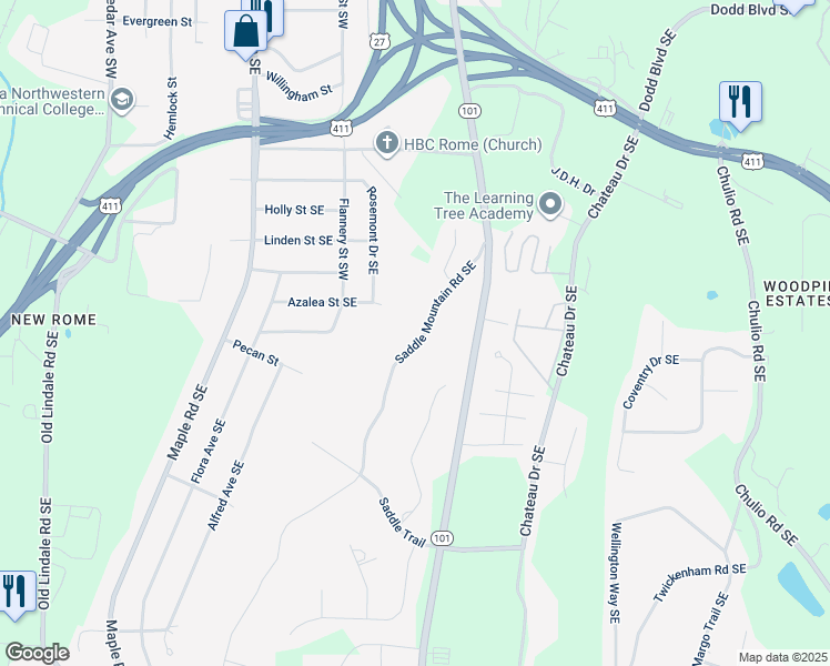map of restaurants, bars, coffee shops, grocery stores, and more near 16 Saddle Mountain Road Southeast in Rome