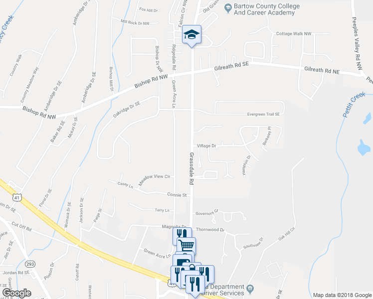 map of restaurants, bars, coffee shops, grocery stores, and more near 518 Grassdale Road in Cartersville