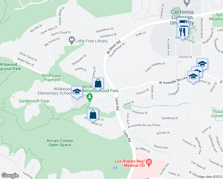 map of restaurants, bars, coffee shops, grocery stores, and more near 528 Timberwood Avenue in Thousand Oaks