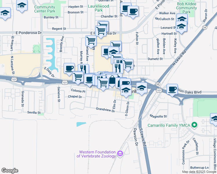 map of restaurants, bars, coffee shops, grocery stores, and more near 2200 Ventura Boulevard in Camarillo