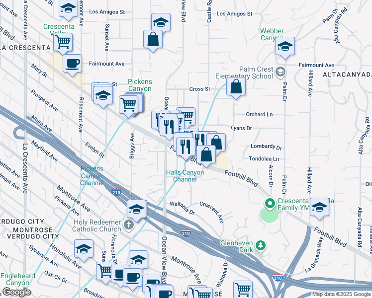 map of restaurants, bars, coffee shops, grocery stores, and more near 2207 Foothill Boulevard in La Cañada Flintridge