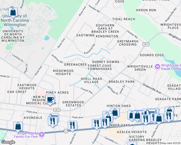 map of restaurants, bars, coffee shops, grocery stores, and more near 5506 Andover Rd in Wilmington