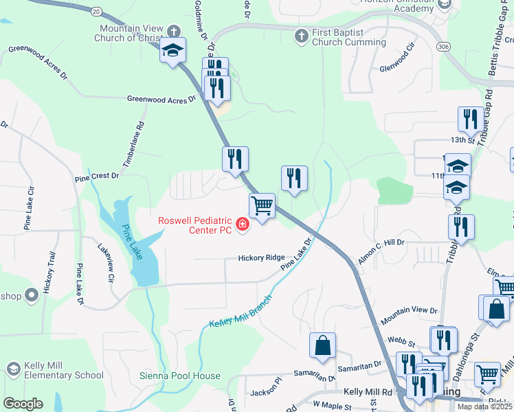 map of restaurants, bars, coffee shops, grocery stores, and more near North Corners Parkway in Cumming