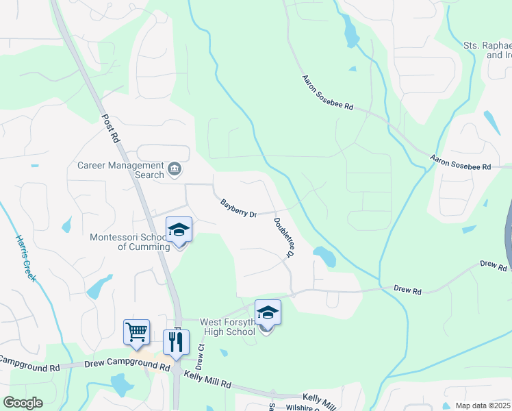 map of restaurants, bars, coffee shops, grocery stores, and more near 4915 Bayberry Drive in Cumming