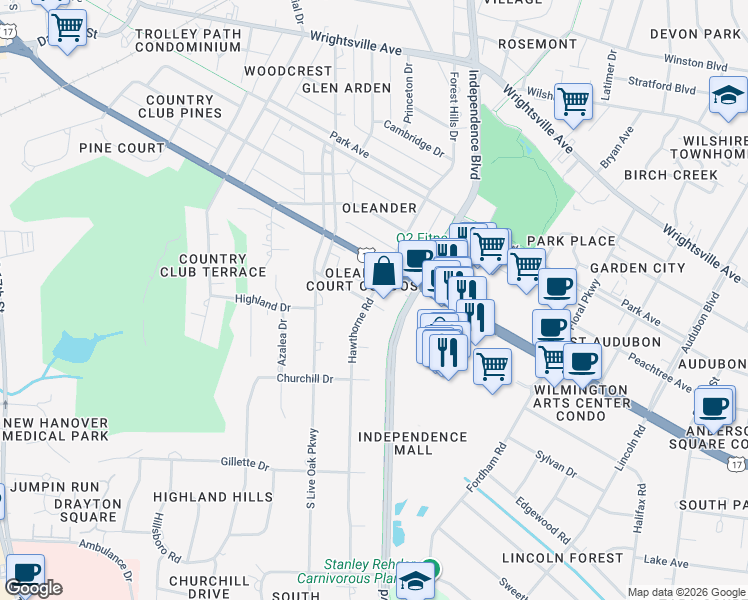 map of restaurants, bars, coffee shops, grocery stores, and more near 2705 Mayfair Drive in Wilmington