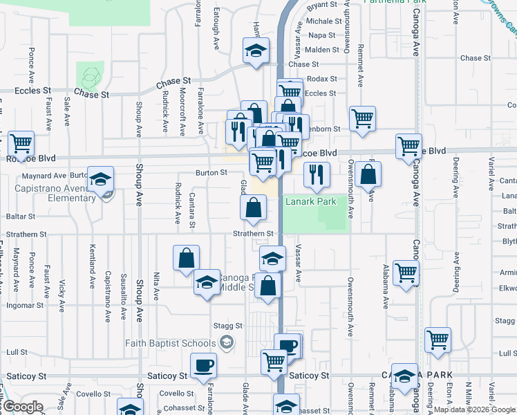 map of restaurants, bars, coffee shops, grocery stores, and more near 8005 Hanna Avenue in Canoga Park