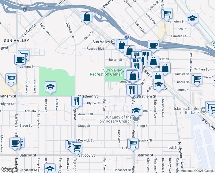 map of restaurants, bars, coffee shops, grocery stores, and more near 11132 Lorne Street in Los Angeles