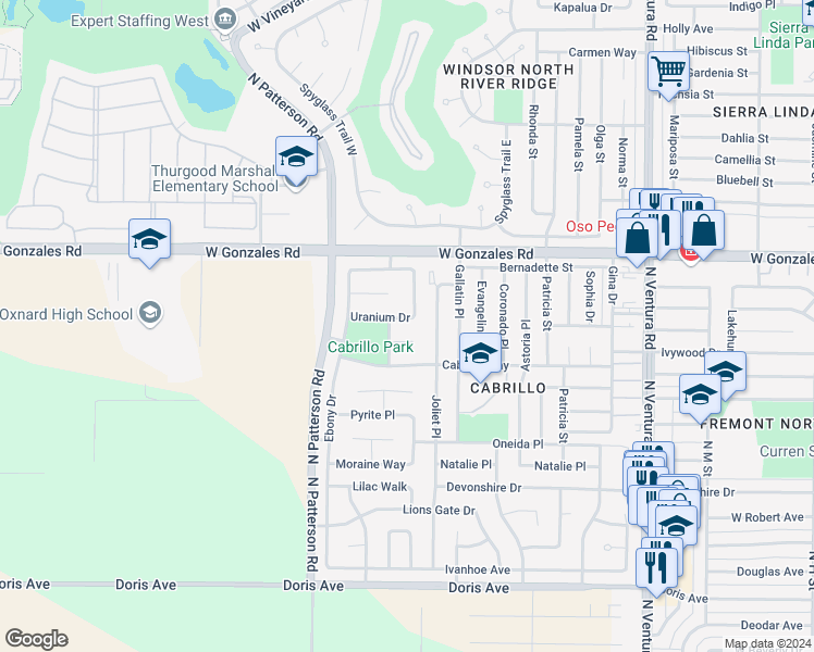 map of restaurants, bars, coffee shops, grocery stores, and more near 2520 Uranium Drive in Oxnard
