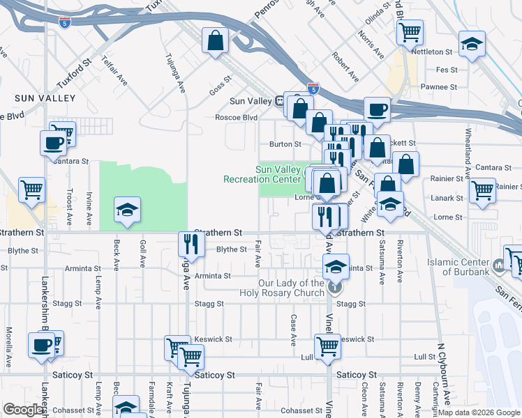 map of restaurants, bars, coffee shops, grocery stores, and more near 11132 Lorne Street in Los Angeles