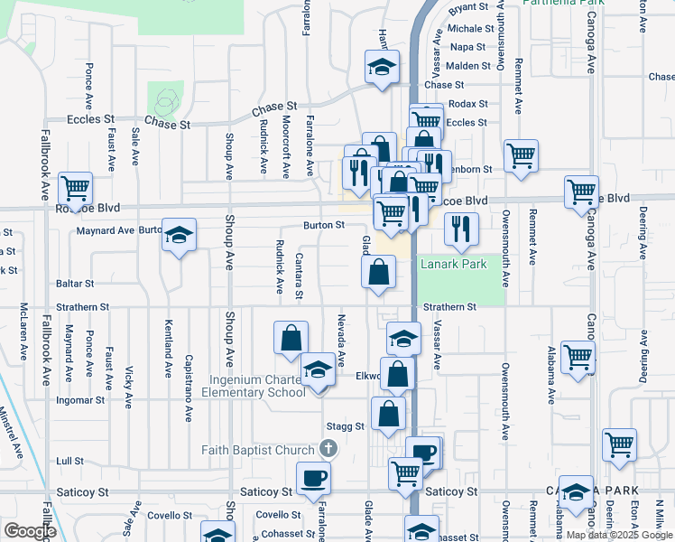 map of restaurants, bars, coffee shops, grocery stores, and more near 22138 Lanark Street in Los Angeles