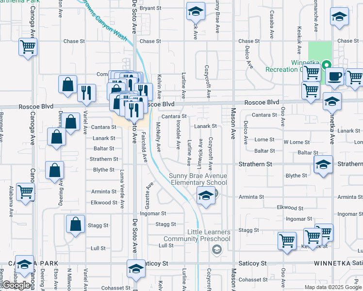 map of restaurants, bars, coffee shops, grocery stores, and more near 8050 Irondale Avenue in Los Angeles