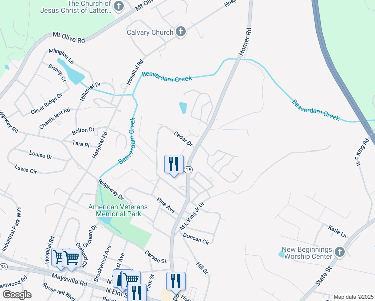 map of restaurants, bars, coffee shops, grocery stores, and more near 31 Coles Court Drive in Commerce