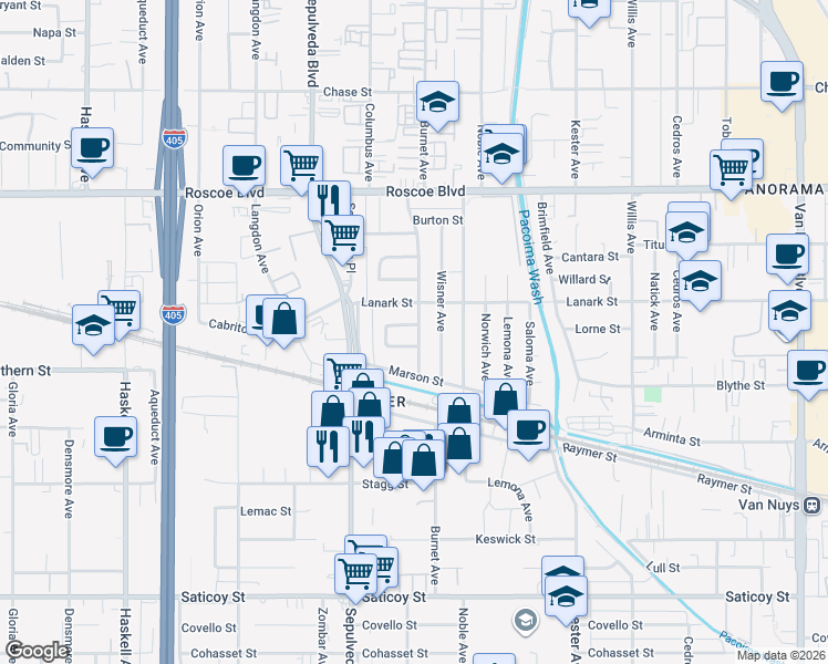 map of restaurants, bars, coffee shops, grocery stores, and more near 15202 Lorne Street in Los Angeles